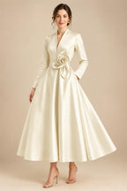 A-Line/Princess V-Neck Satin Tea-Length Mother of the Bride Dresses with Flower (SHI22500080)