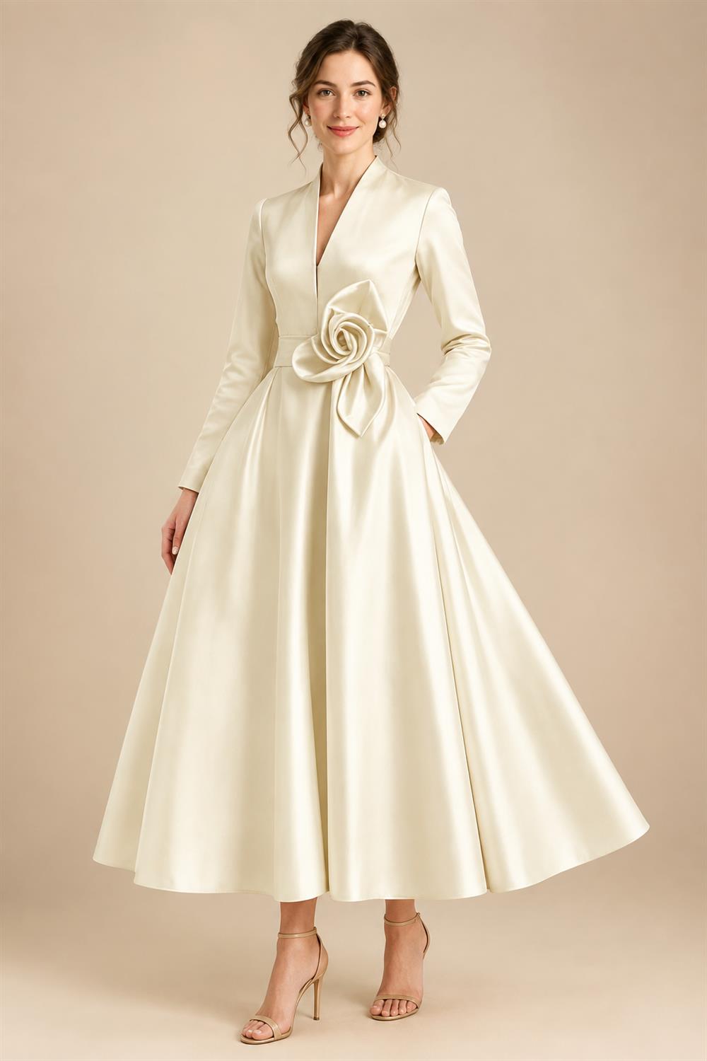 A-Line/Princess V-Neck Satin Tea-Length Mother of the Bride Dresses with Flower (SHI22500080)