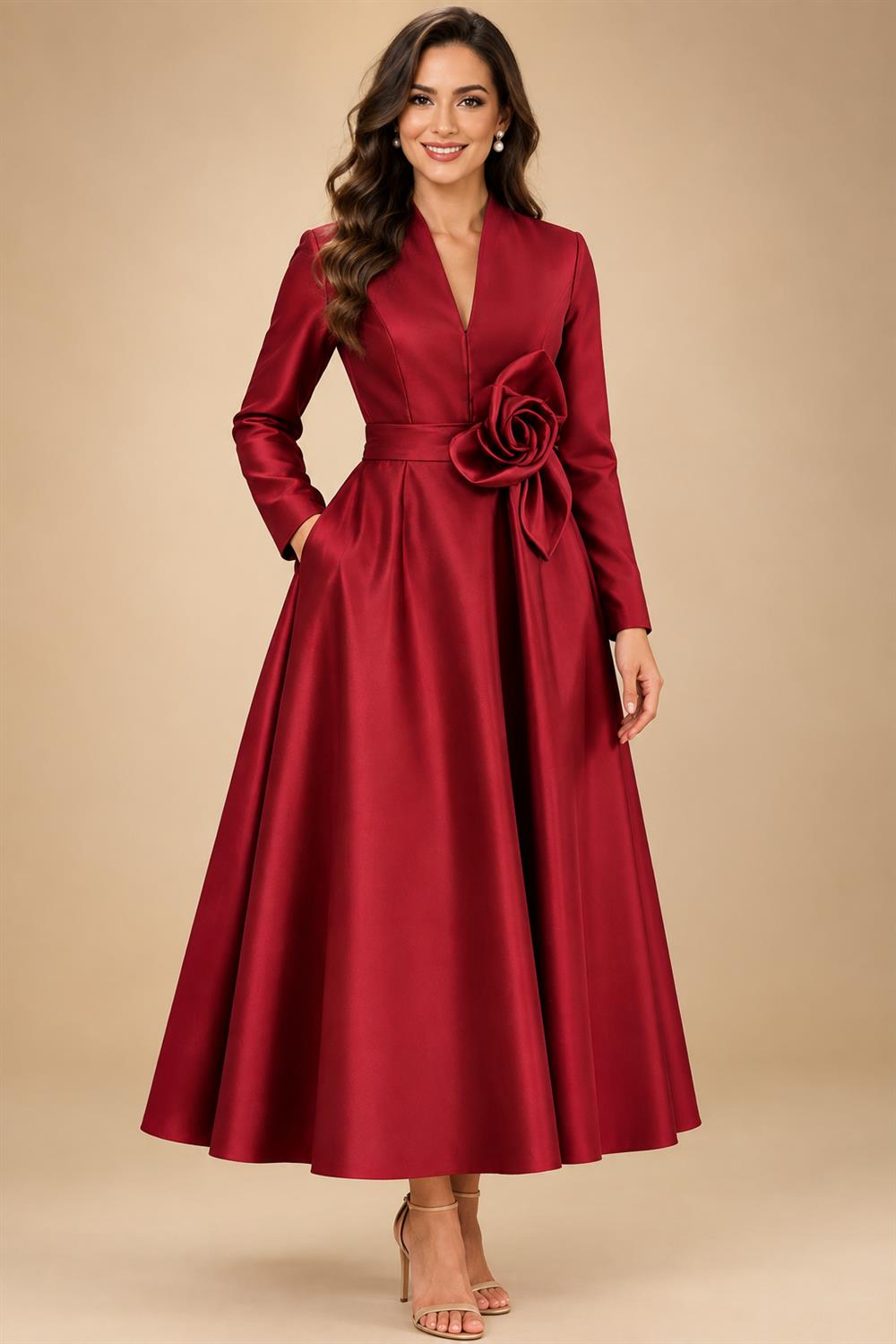 A-Line/Princess V-Neck Satin Tea-Length Mother of the Bride Dresses with Flower (SHI22500080)