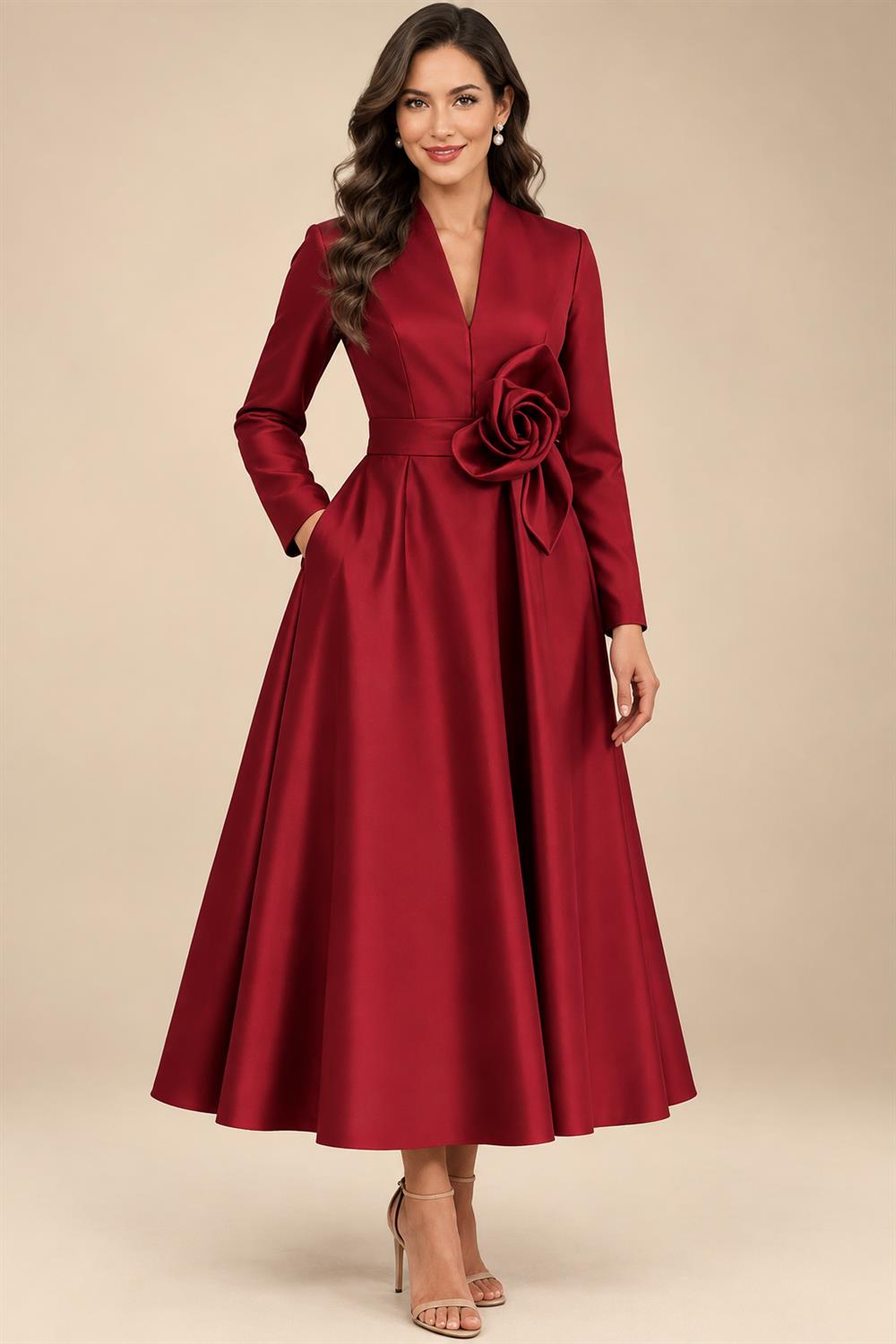 A-Line/Princess V-Neck Satin Tea-Length Mother of the Bride Dresses with Flower (SHI22500080)
