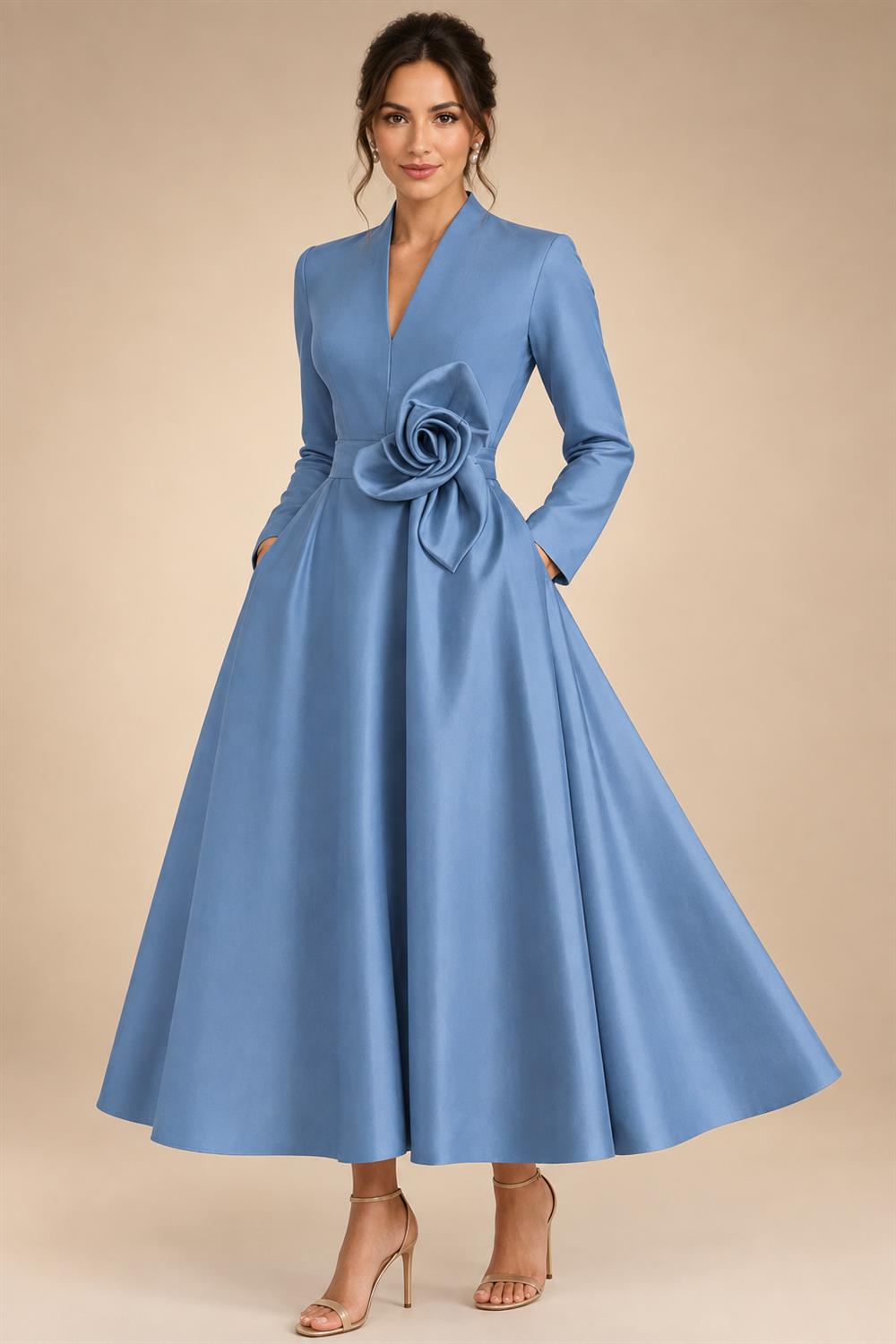 A-Line/Princess V-Neck Satin Tea-Length Mother of the Bride Dresses with Flower (SHI22500080)