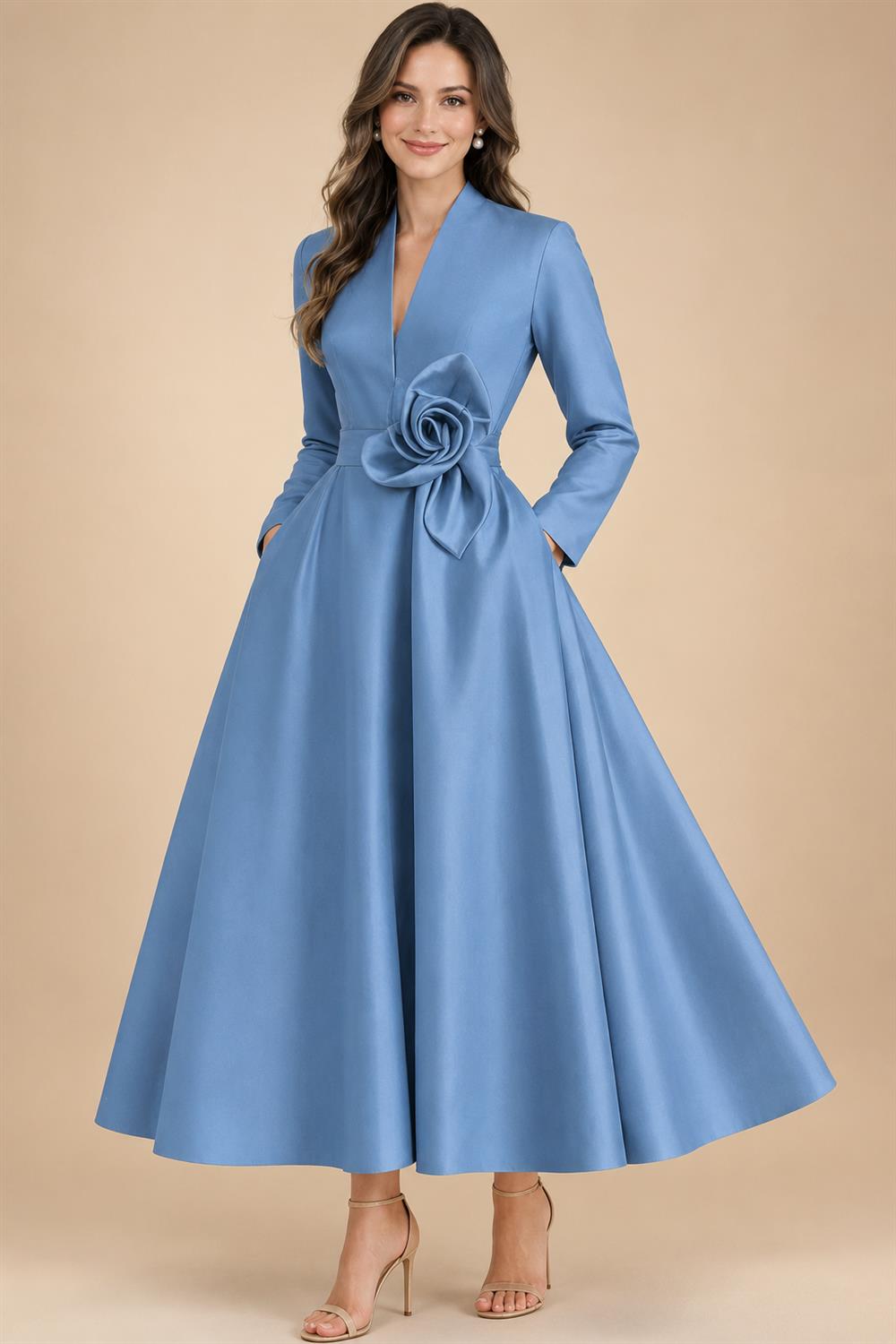 A-Line/Princess V-Neck Satin Tea-Length Mother of the Bride Dresses with Flower (SHI22500080)