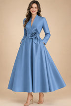A-Line/Princess V-Neck Satin Tea-Length Mother of the Bride Dresses with Flower (SHI22500080)