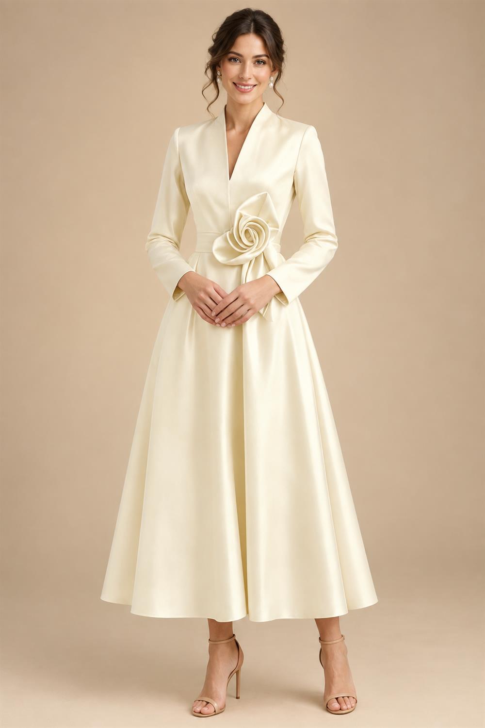 A-Line/Princess V-Neck Satin Tea-Length Mother of the Bride Dresses with Flower (SHI22500080)