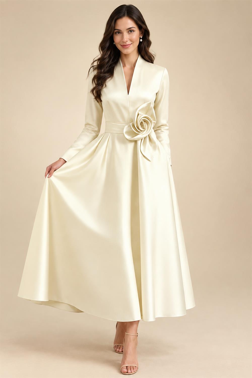 A-Line/Princess V-Neck Satin Tea-Length Mother of the Bride Dresses with Flower (SHI22500080)
