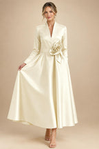 A-Line/Princess V-Neck Satin Tea-Length Mother of the Bride Dresses with Flower (SHI22500080)