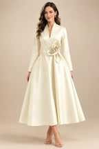 A-Line/Princess V-Neck Satin Tea-Length Mother of the Bride Dresses with Flower (SHI22500080)