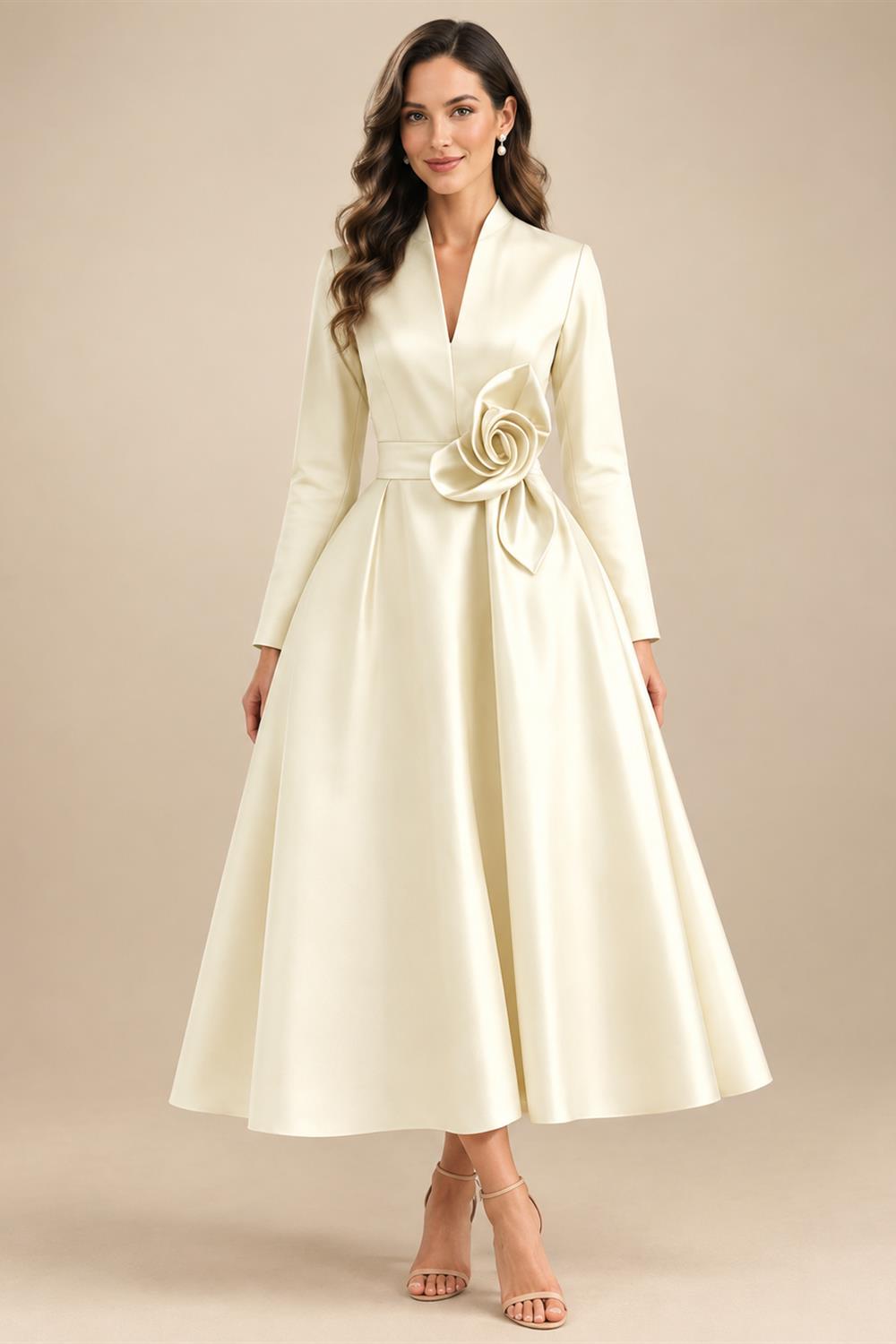 A-Line/Princess V-Neck Satin Tea-Length Mother of the Bride Dresses with Flower (SHI22500080)