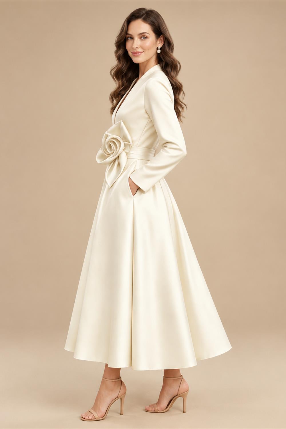 A-Line/Princess V-Neck Satin Tea-Length Mother of the Bride Dresses with Flower (SHI22500080)