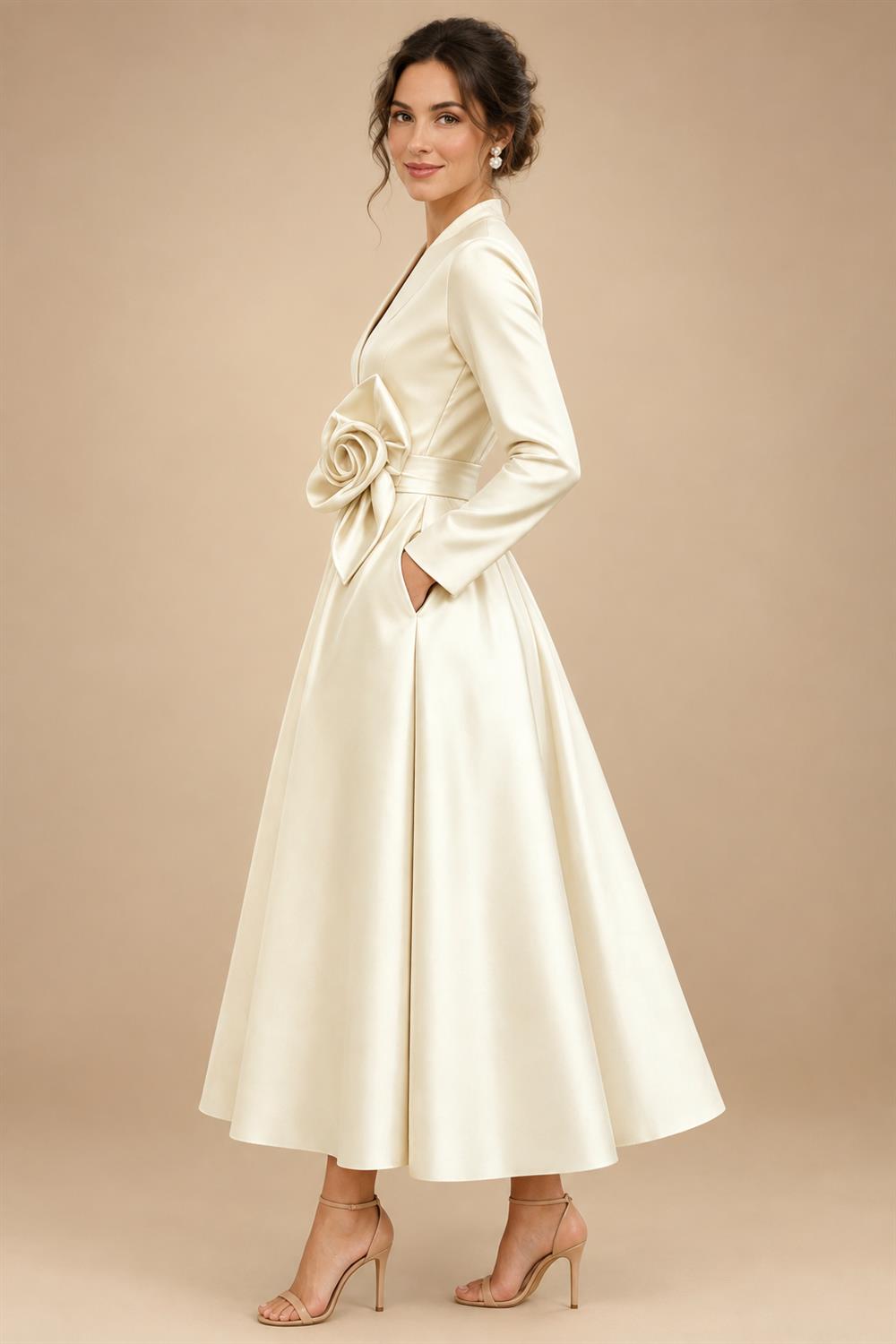 A-Line/Princess V-Neck Satin Tea-Length Mother of the Bride Dresses with Flower (SHI22500080)