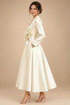 A-Line/Princess V-Neck Satin Tea-Length Mother of the Bride Dresses with Flower (SHI22500080)