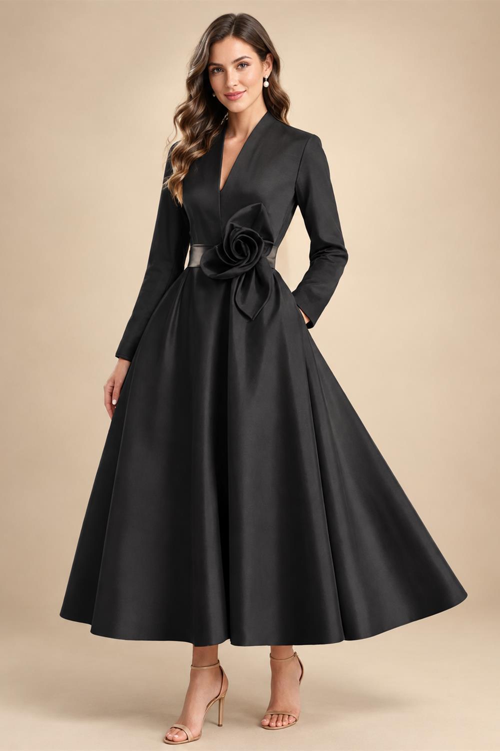 A-Line/Princess V-Neck Satin Tea-Length Mother of the Bride Dresses with Flower (SHI22500080)