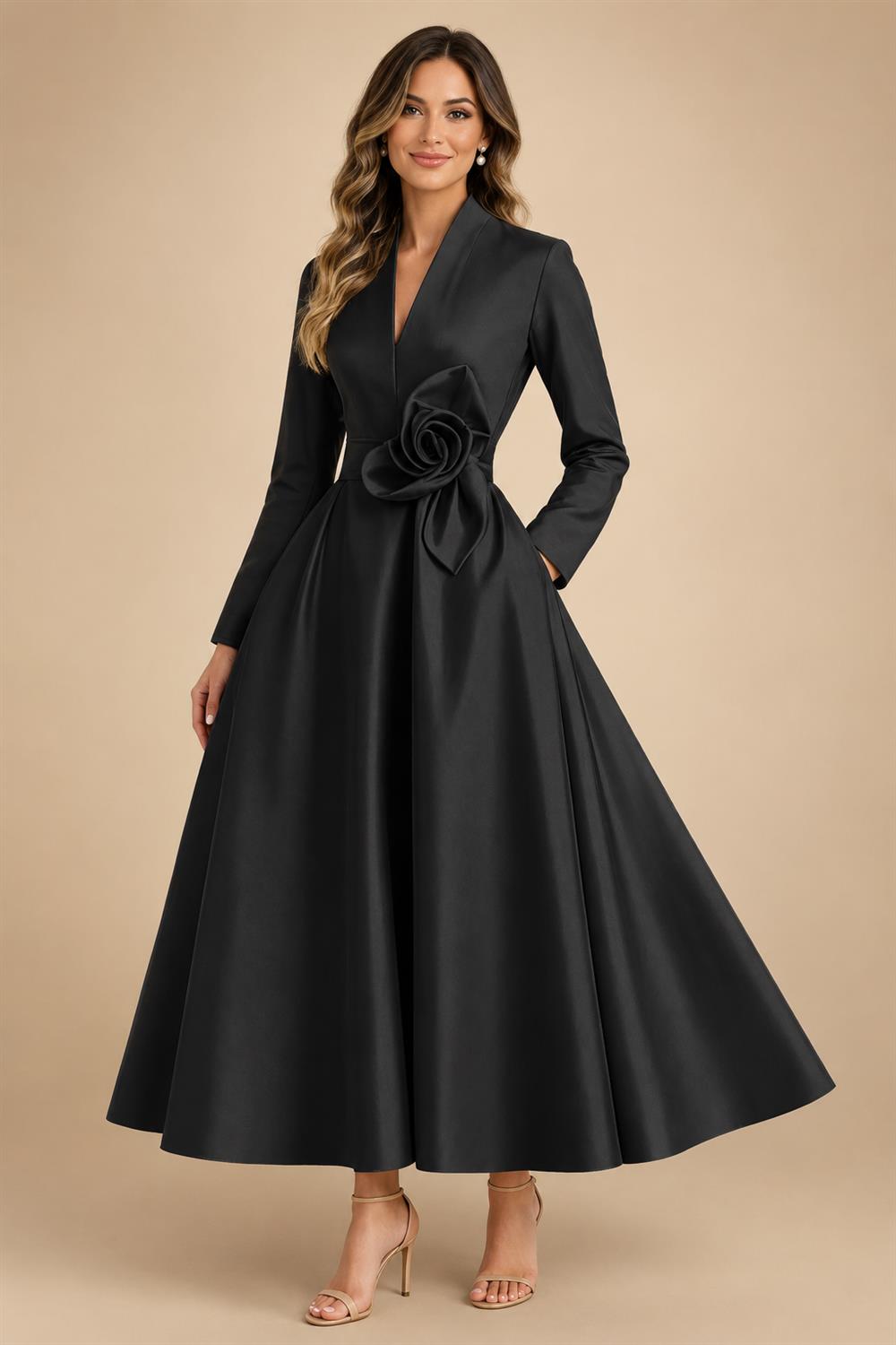 A-Line/Princess V-Neck Satin Tea-Length Mother of the Bride Dresses with Flower (SHI22500080)