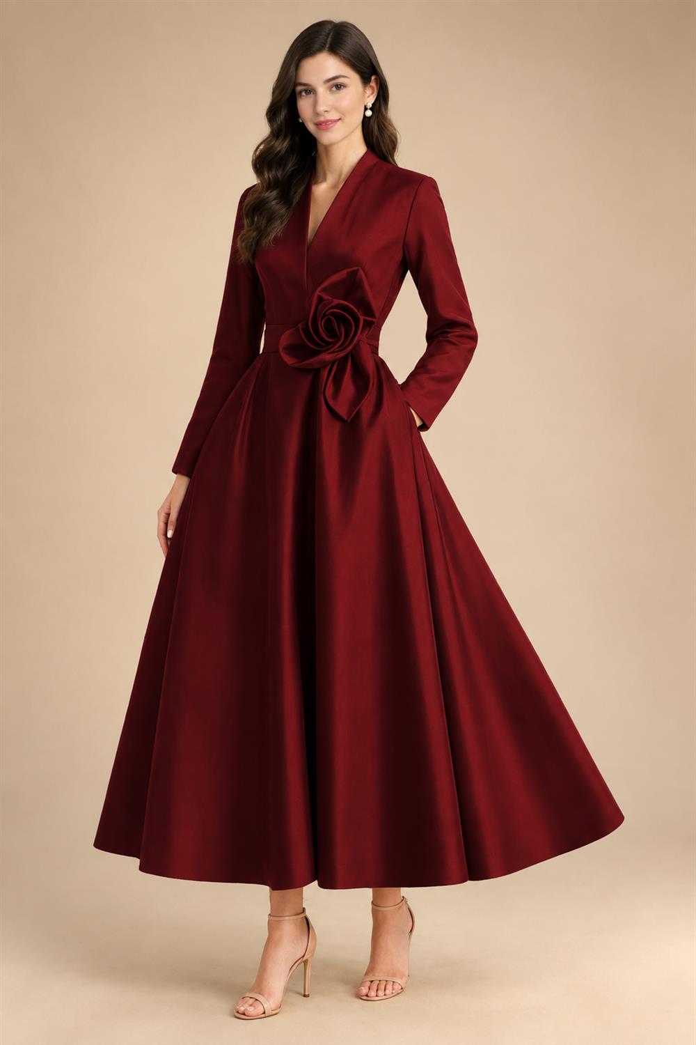 A-Line/Princess V-Neck Satin Tea-Length Mother of the Bride Dresses with Flower (SHI22500080)