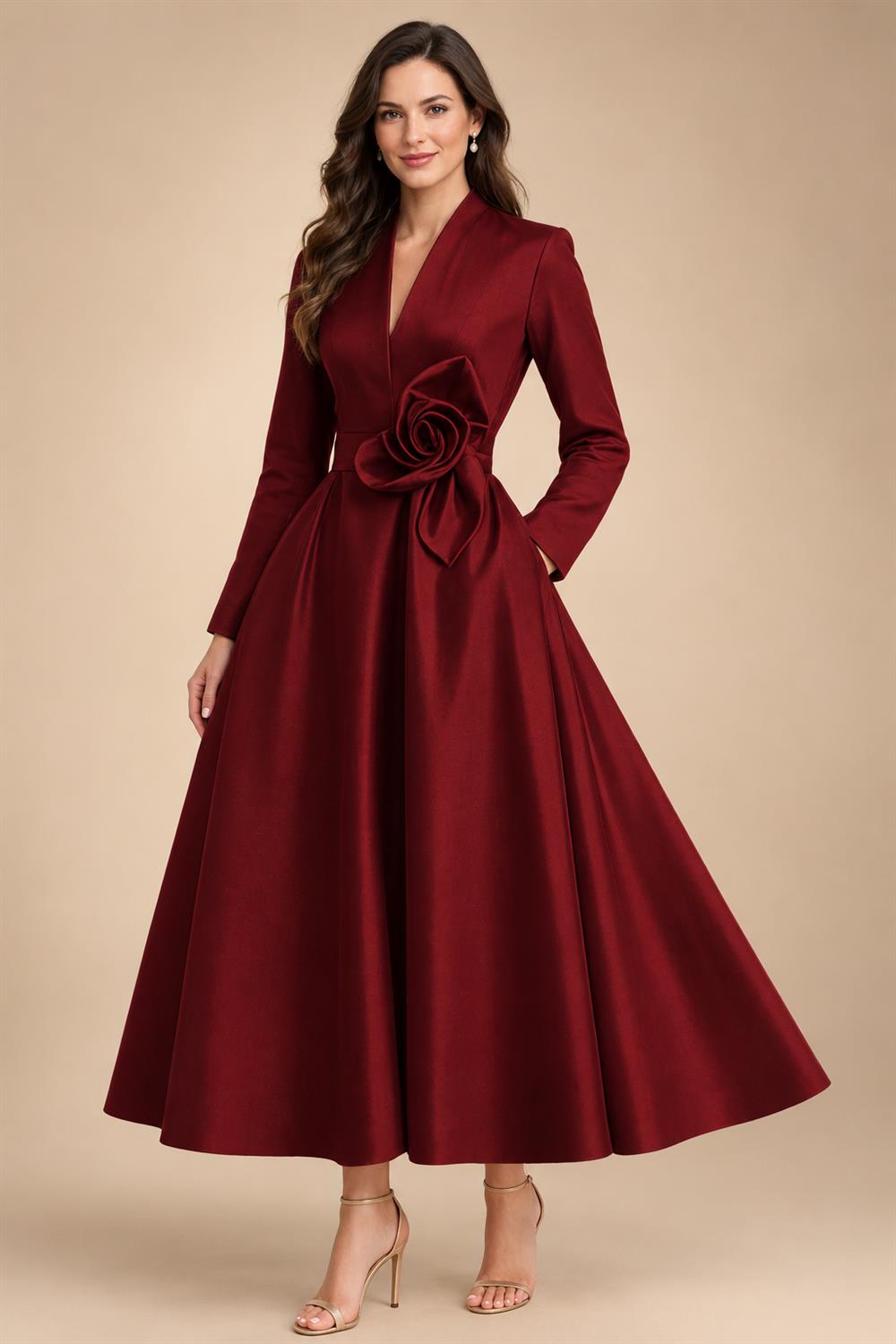 A-Line/Princess V-Neck Satin Tea-Length Mother of the Bride Dresses with Flower (SHI22500080)