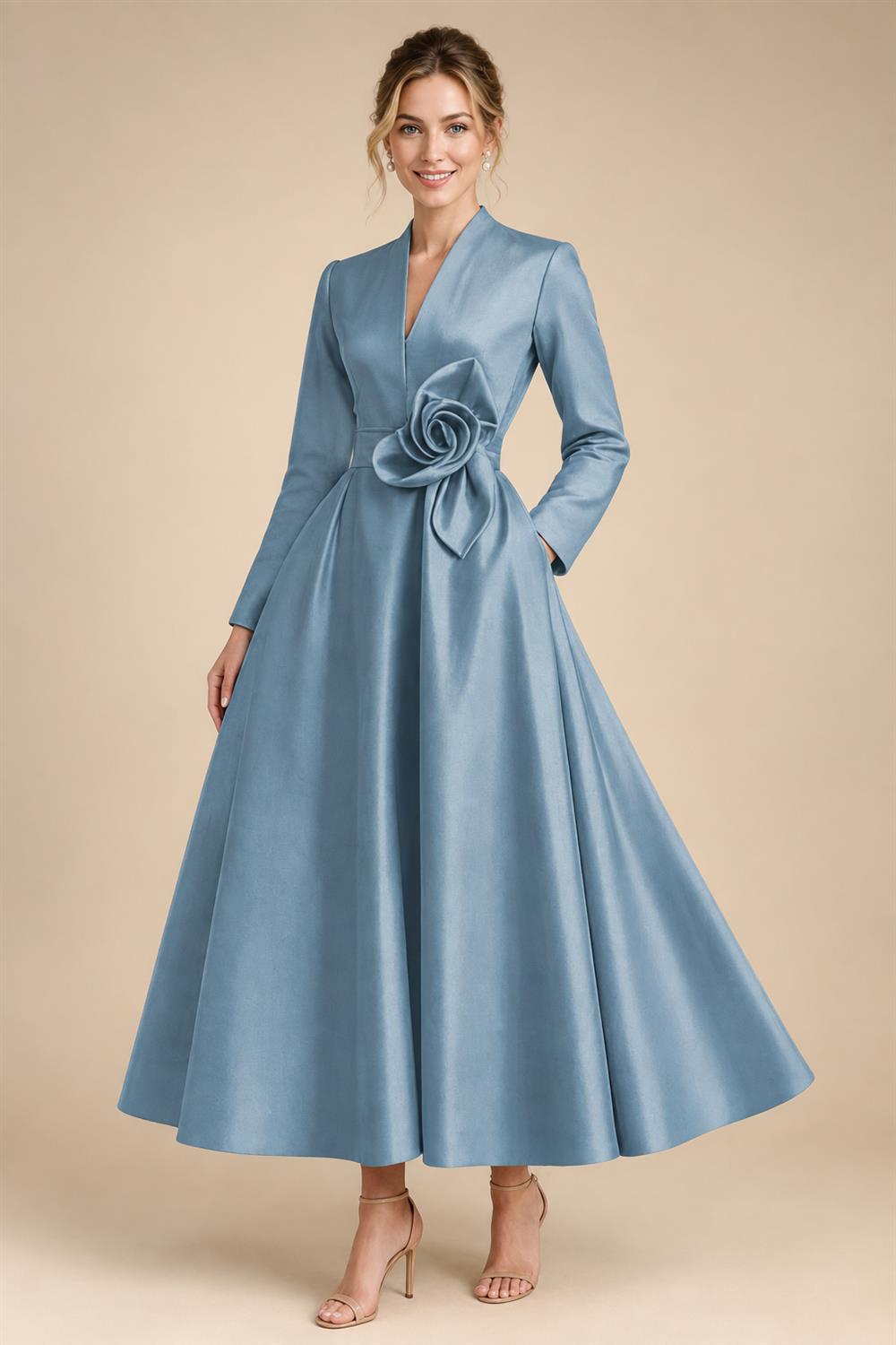 A-Line/Princess V-Neck Satin Tea-Length Mother of the Bride Dresses with Flower (SHI22500080)