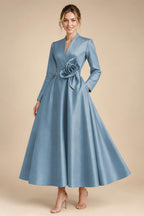 A-Line/Princess V-Neck Satin Tea-Length Mother of the Bride Dresses with Flower (SHI22500080)