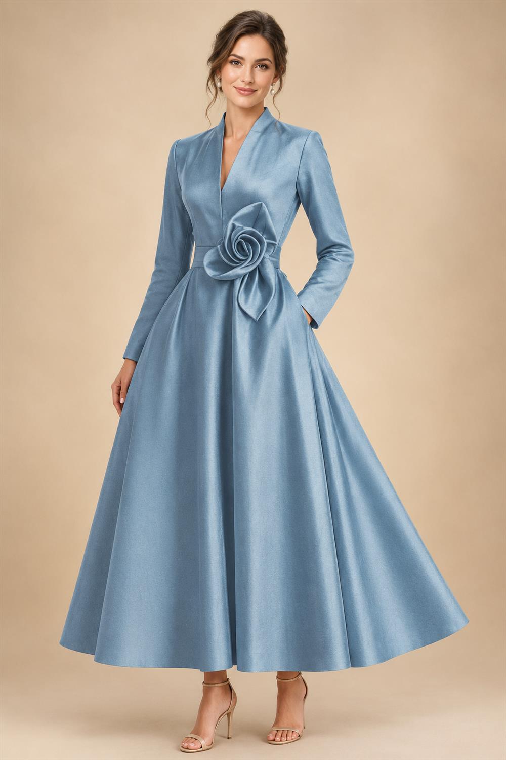 A-Line/Princess V-Neck Satin Tea-Length Mother of the Bride Dresses with Flower (SHI22500080)
