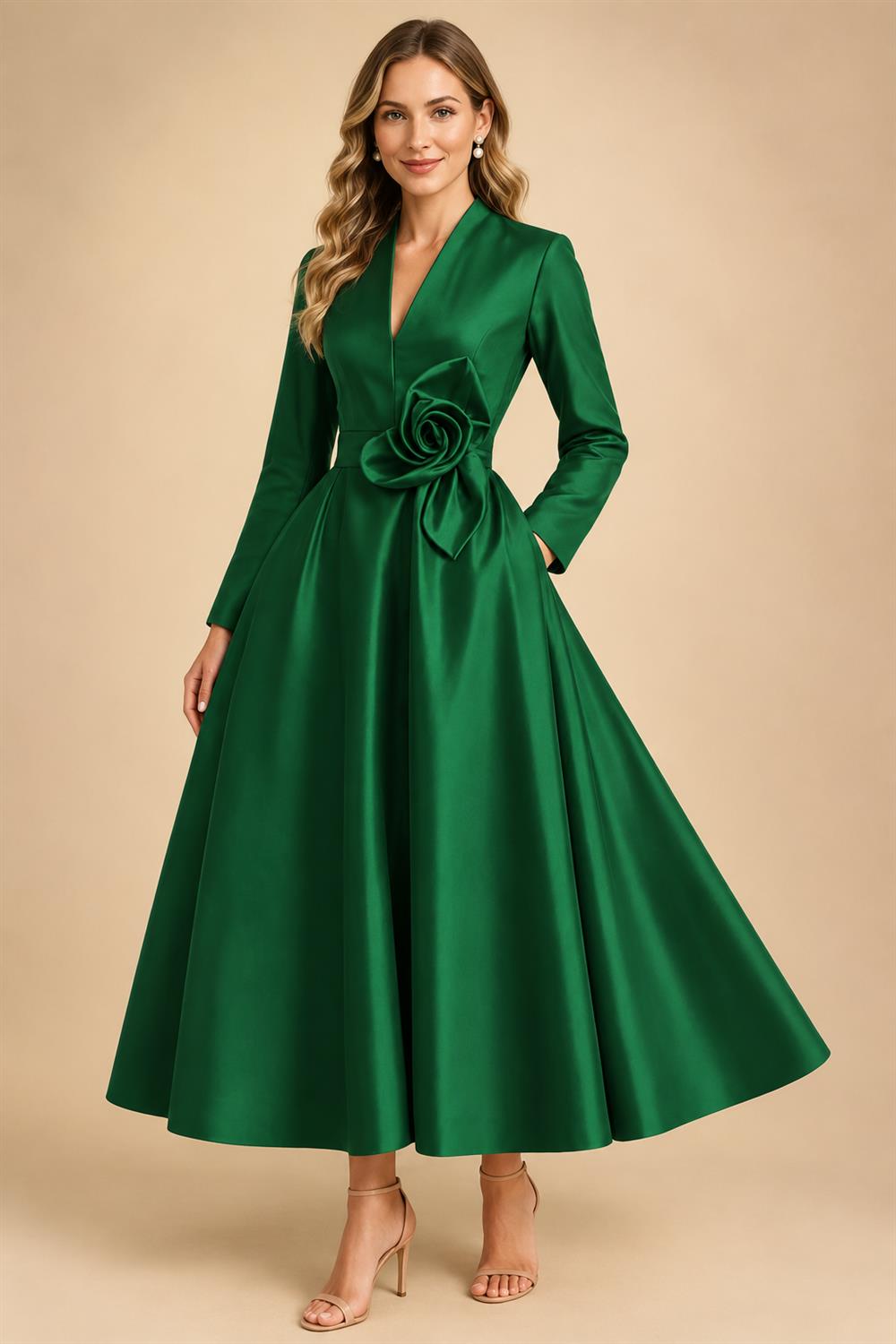 A-Line/Princess V-Neck Satin Tea-Length Mother of the Bride Dresses with Flower (SHI22500080)