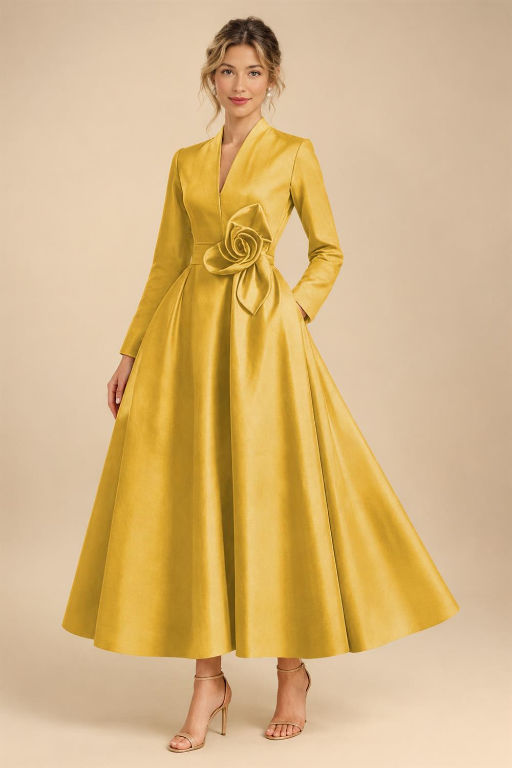 A-Line/Princess V-Neck Satin Tea-Length Mother of the Bride Dresses with Flower (SHI22500080)
