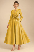 A-Line/Princess V-Neck Satin Tea-Length Mother of the Bride Dresses with Flower (SHI22500080)