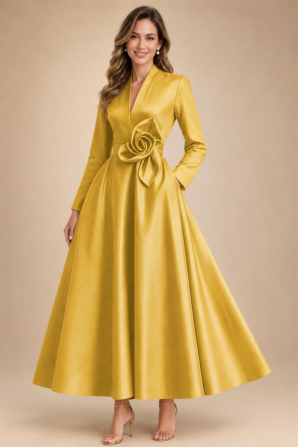 A-Line/Princess V-Neck Satin Tea-Length Mother of the Bride Dresses with Flower (SHI22500080)