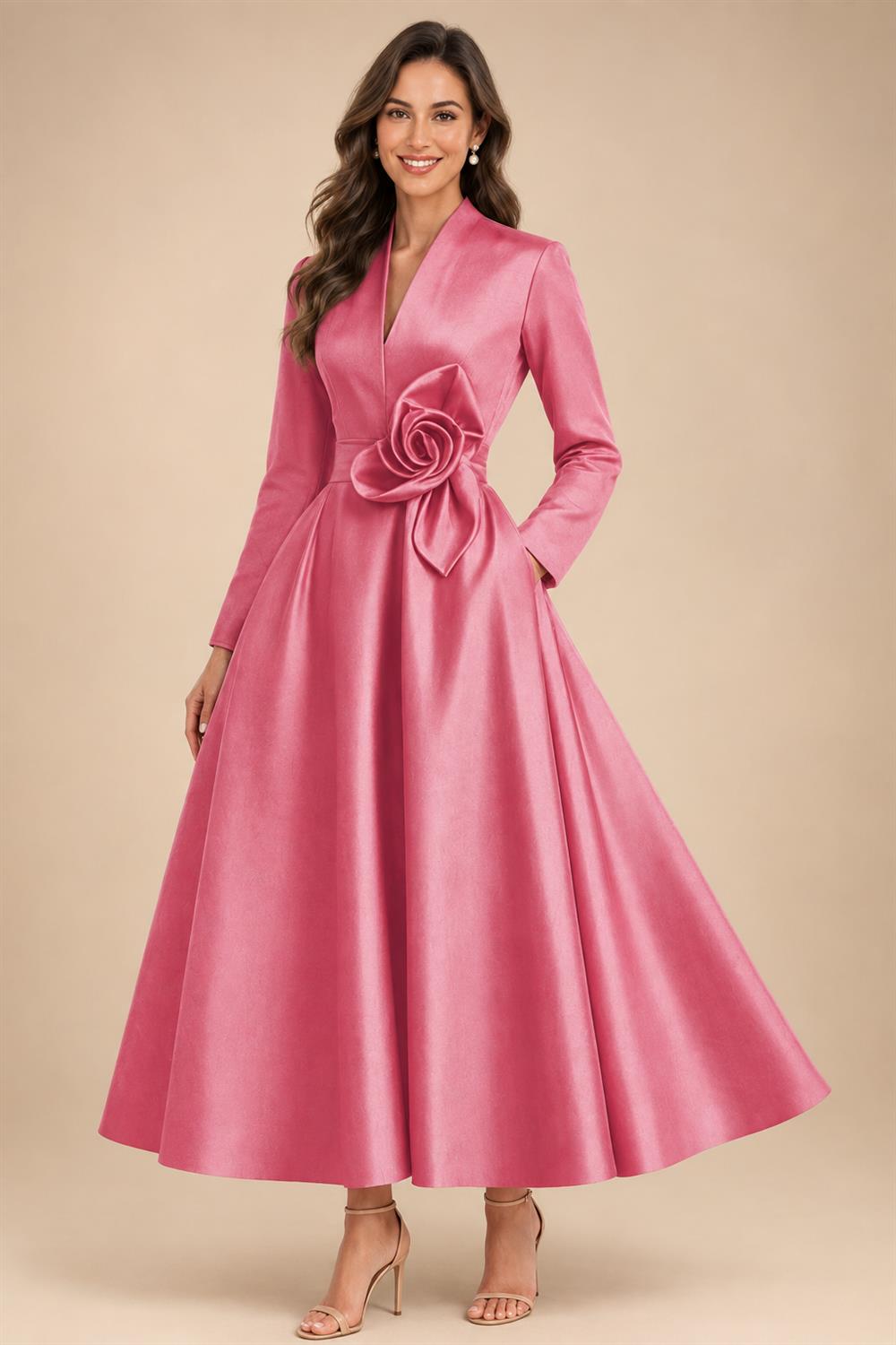 A-Line/Princess V-Neck Satin Tea-Length Mother of the Bride Dresses with Flower (SHI22500080)