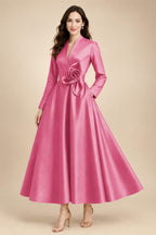 A-Line/Princess V-Neck Satin Tea-Length Mother of the Bride Dresses with Flower (SHI22500080)