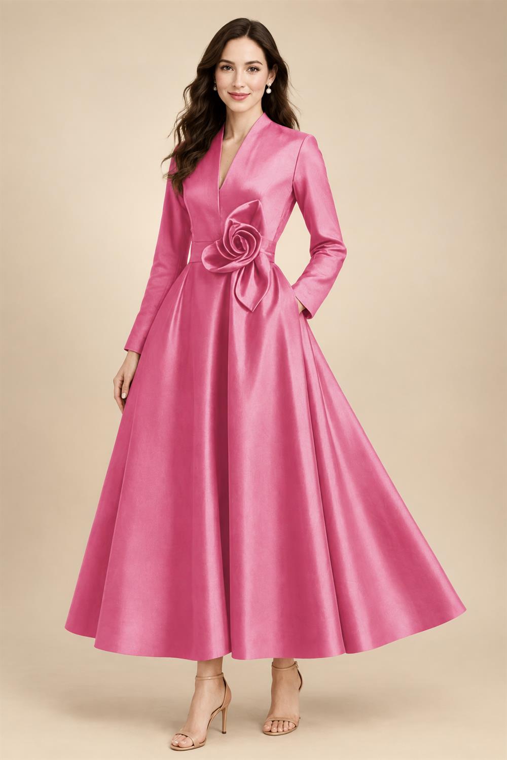 A-Line/Princess V-Neck Satin Tea-Length Mother of the Bride Dresses with Flower (SHI22500080)
