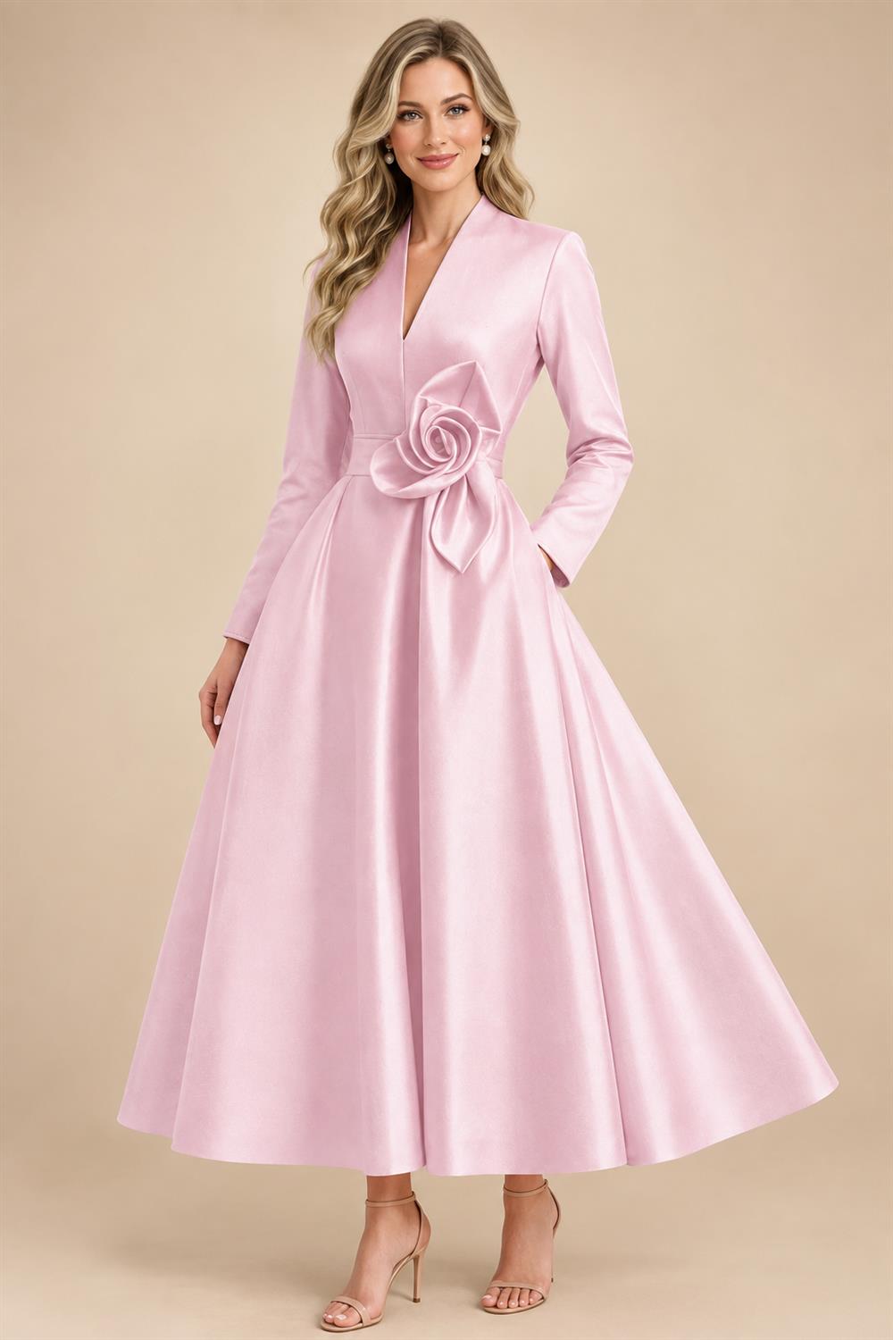 A-Line/Princess V-Neck Satin Tea-Length Mother of the Bride Dresses with Flower (SHI22500080)