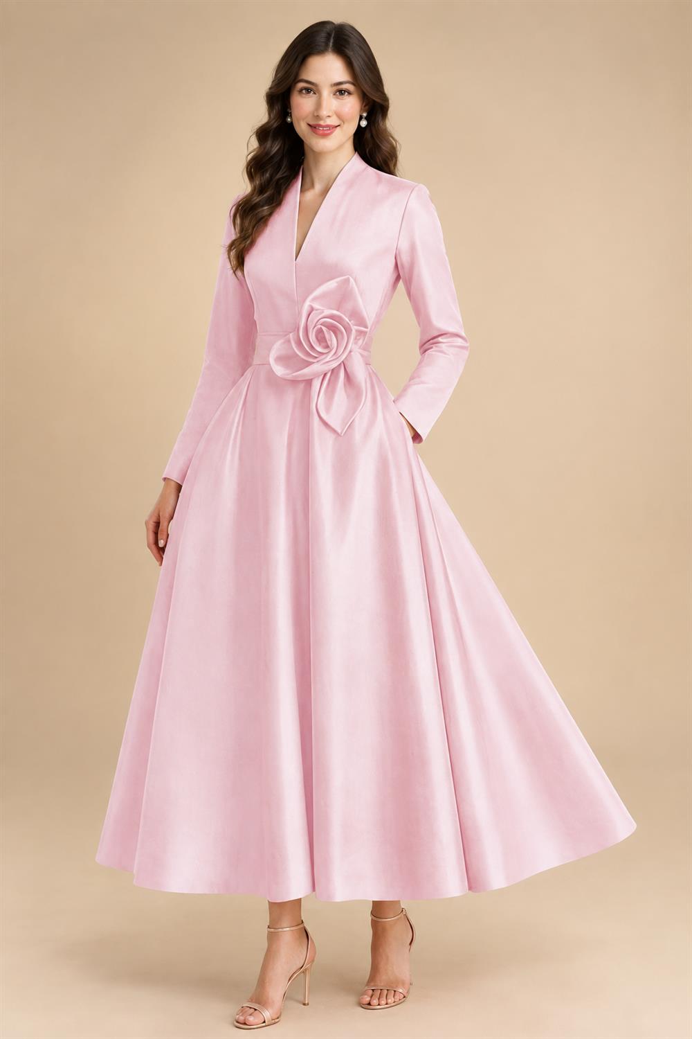 A-Line/Princess V-Neck Satin Tea-Length Mother of the Bride Dresses with Flower (SHI22500080)