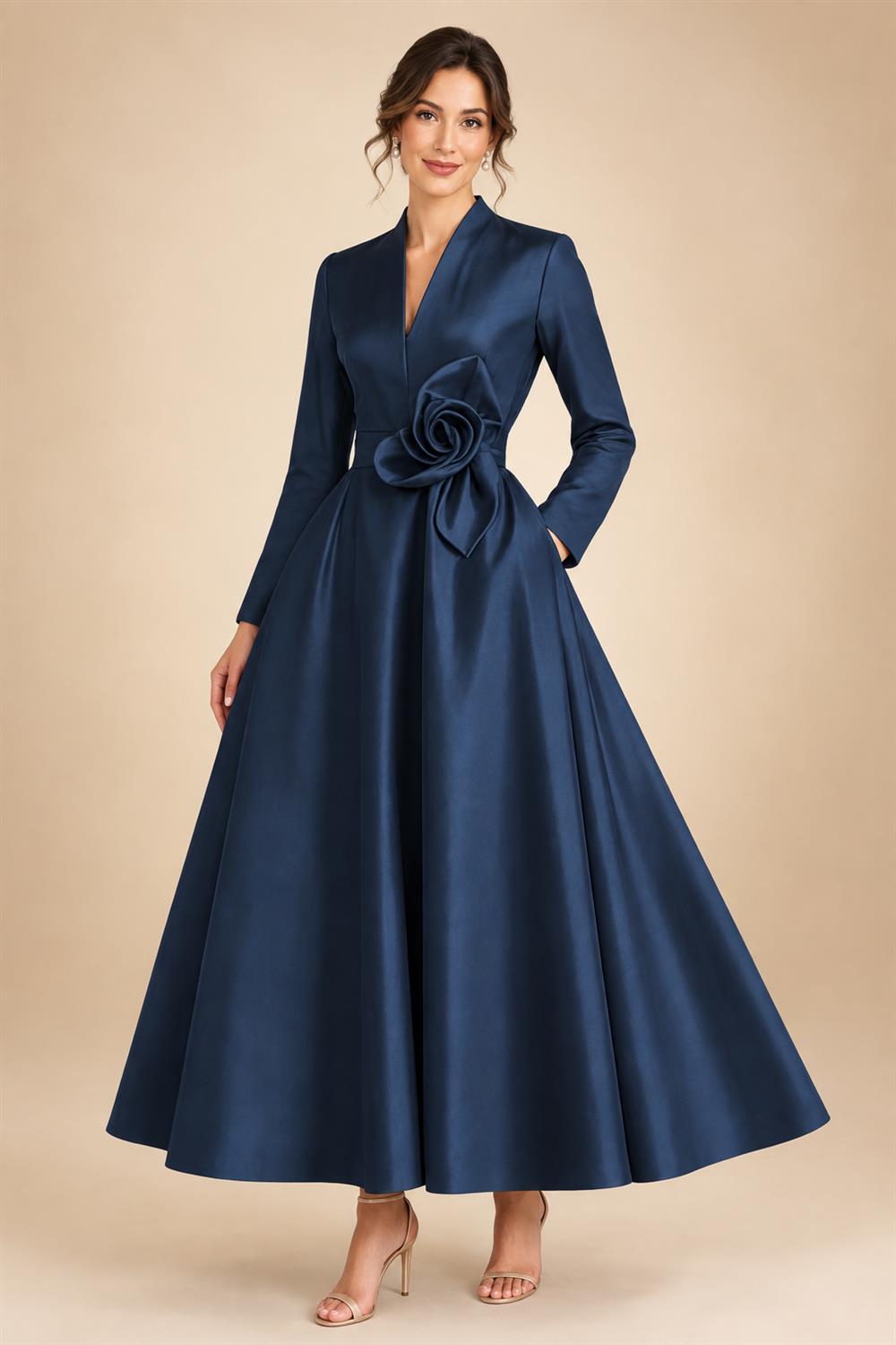 A-Line/Princess V-Neck Satin Tea-Length Mother of the Bride Dresses with Flower (SHI22500080)