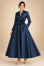 A-Line/Princess V-Neck Satin Tea-Length Mother of the Bride Dresses with Flower (SHI22500080)