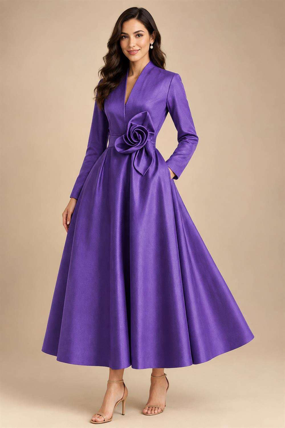A-Line/Princess V-Neck Satin Tea-Length Mother of the Bride Dresses with Flower (SHI22500080)