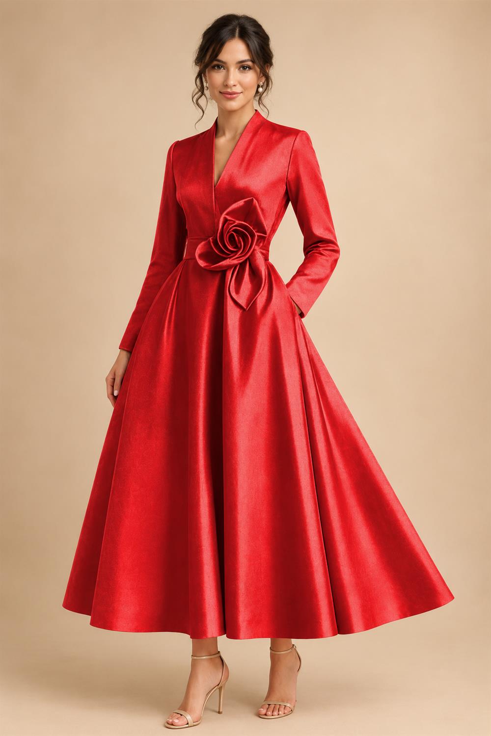 A-Line/Princess V-Neck Satin Tea-Length Mother of the Bride Dresses with Flower (SHI22500080)