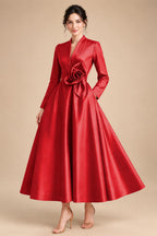 A-Line/Princess V-Neck Satin Tea-Length Mother of the Bride Dresses with Flower (SHI22500080)
