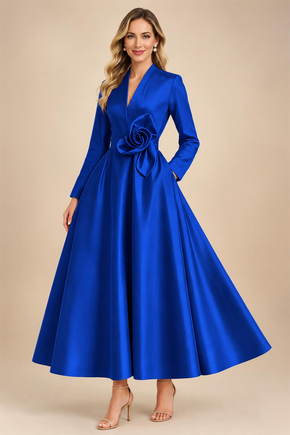 A-Line/Princess V-Neck Satin Tea-Length Mother of the Bride Dresses with Flower (SHI22500080)