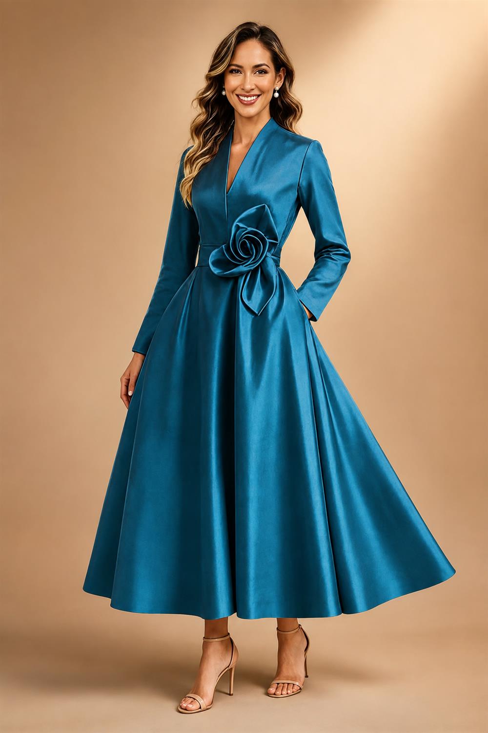 A-Line/Princess V-Neck Satin Tea-Length Mother of the Bride Dresses with Flower (SHI22500080)