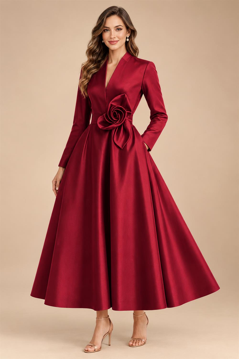 A-Line/Princess V-Neck Satin Tea-Length Mother of the Bride Dresses with Flower (SHI22500080)
