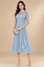 A-Line/Princess Scoop Illusion Lace Appliques Tea-Length Mother of the Bride Dresses with Pleated Ruffle (SHI22500105)