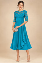 A-Line/Princess Scoop Illusion Lace Appliques Tea-Length Mother of the Bride Dresses with Pleated Ruffle (SHI22500105)