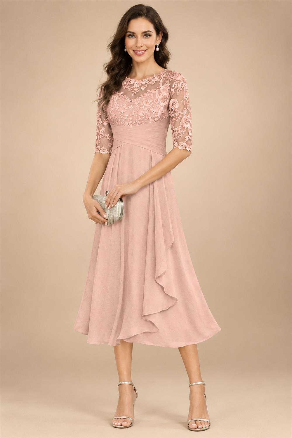 A-Line/Princess Scoop Illusion Lace Appliques Tea-Length Mother of the Bride Dresses with Pleated Ruffle (SHI22500105)