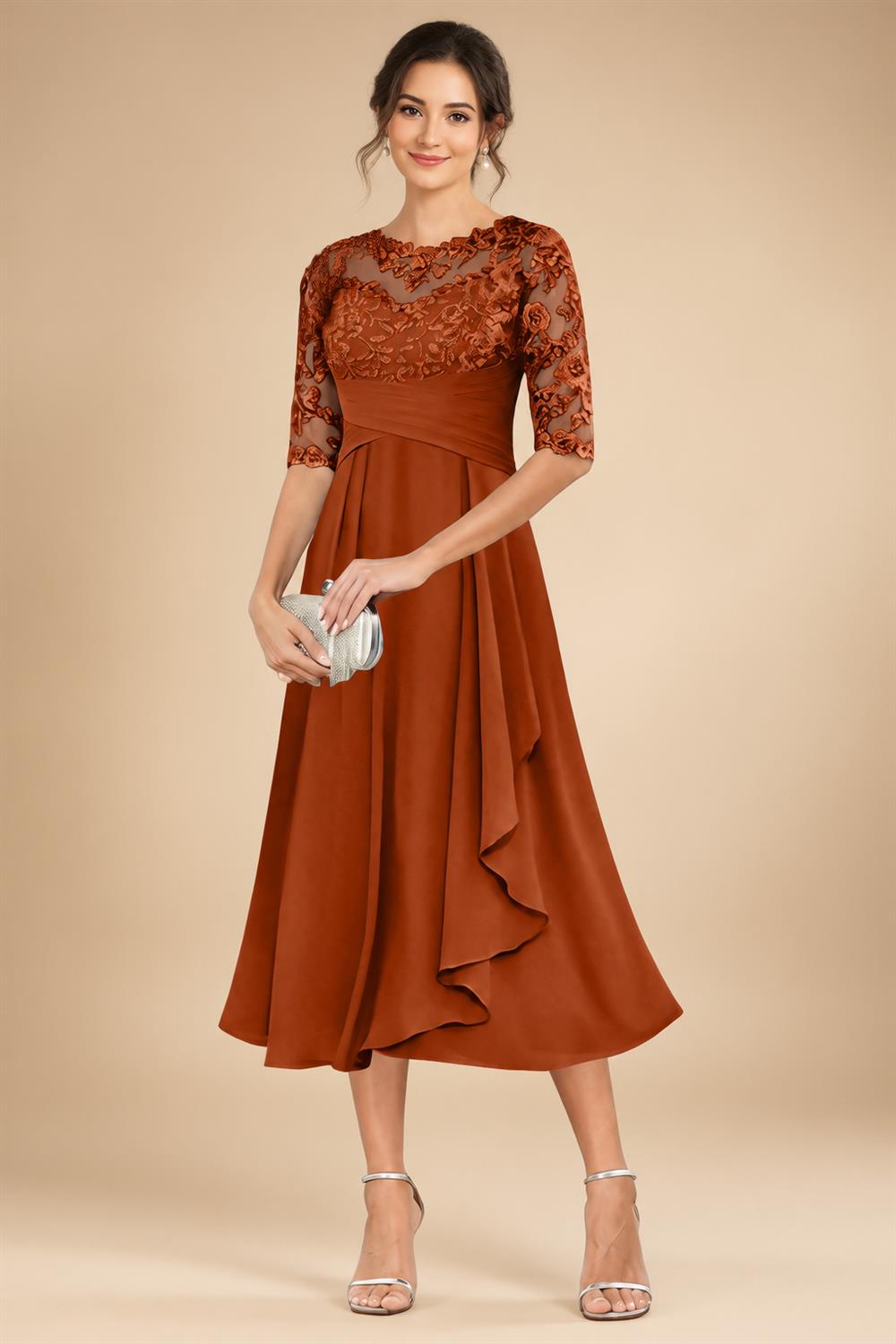 A-Line/Princess Scoop Illusion Lace Appliques Tea-Length Mother of the Bride Dresses with Pleated Ruffle (SHI22500105)
