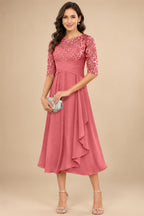 A-Line/Princess Scoop Illusion Lace Appliques Tea-Length Mother of the Bride Dresses with Pleated Ruffle (SHI22500105)