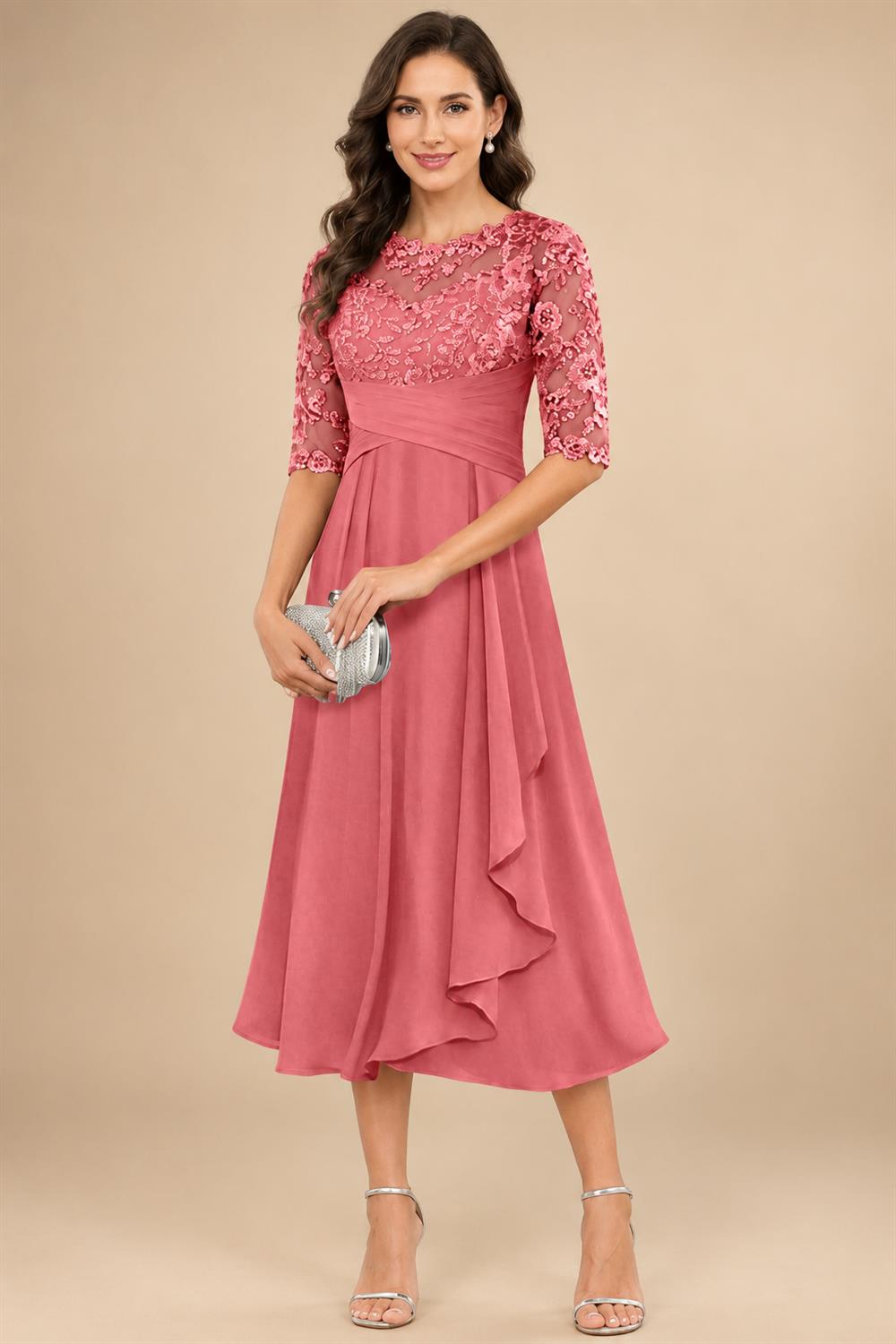 A-Line/Princess Scoop Illusion Lace Appliques Tea-Length Mother of the Bride Dresses with Pleated Ruffle (SHI22500105)