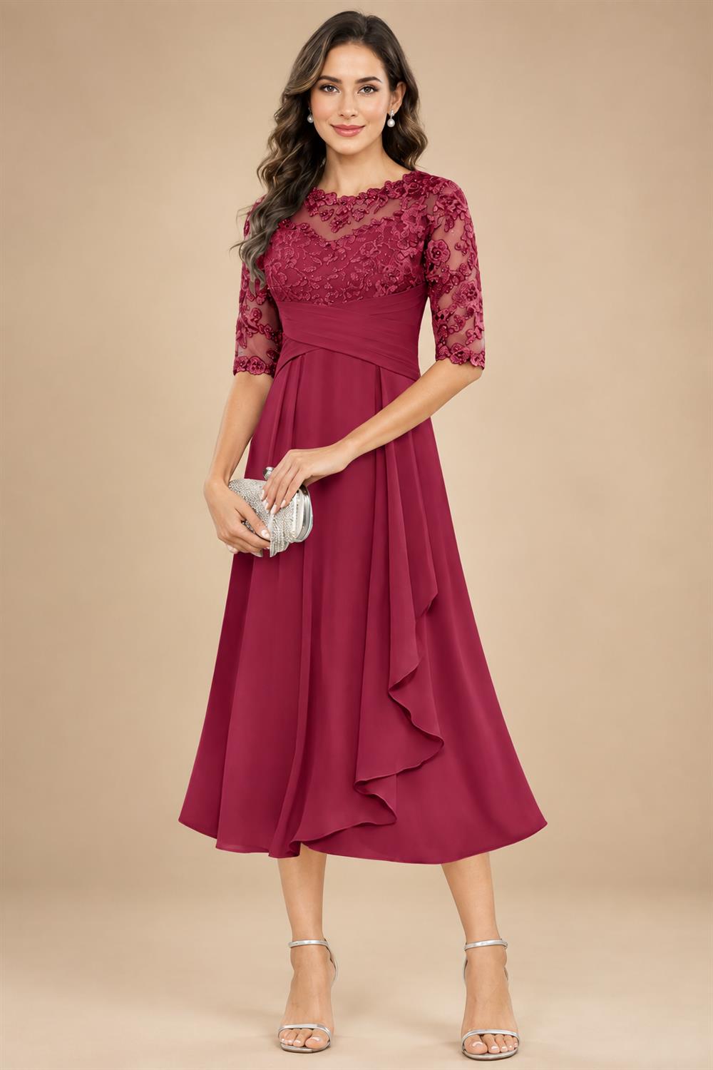 A-Line/Princess Scoop Illusion Lace Appliques Tea-Length Mother of the Bride Dresses with Pleated Ruffle (SHI22500105)
