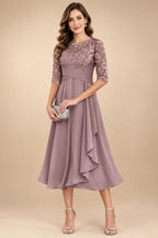 A-Line/Princess Scoop Illusion Lace Appliques Tea-Length Mother of the Bride Dresses with Pleated Ruffle (SHI22500105)