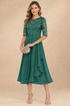 A-Line/Princess Scoop Illusion Lace Appliques Tea-Length Mother of the Bride Dresses with Pleated Ruffle (SHI22500105)