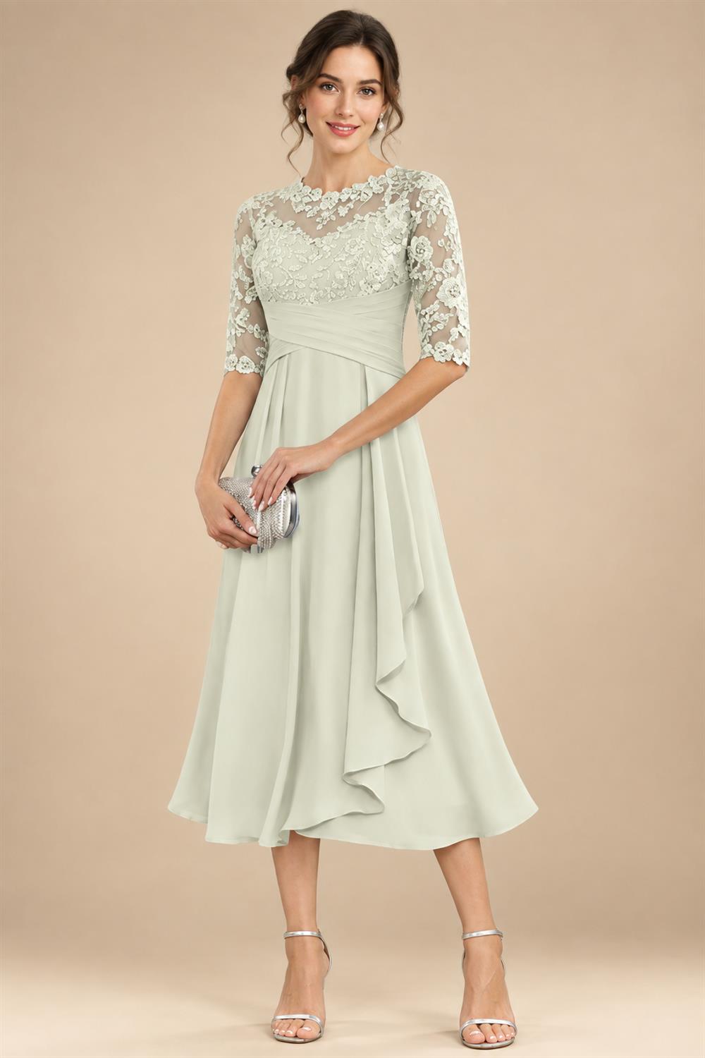 A-Line/Princess Scoop Illusion Lace Appliques Tea-Length Mother of the Bride Dresses with Pleated Ruffle (SHI22500105)