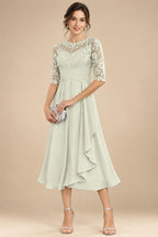 A-Line/Princess Scoop Illusion Lace Appliques Tea-Length Mother of the Bride Dresses with Pleated Ruffle (SHI22500105)